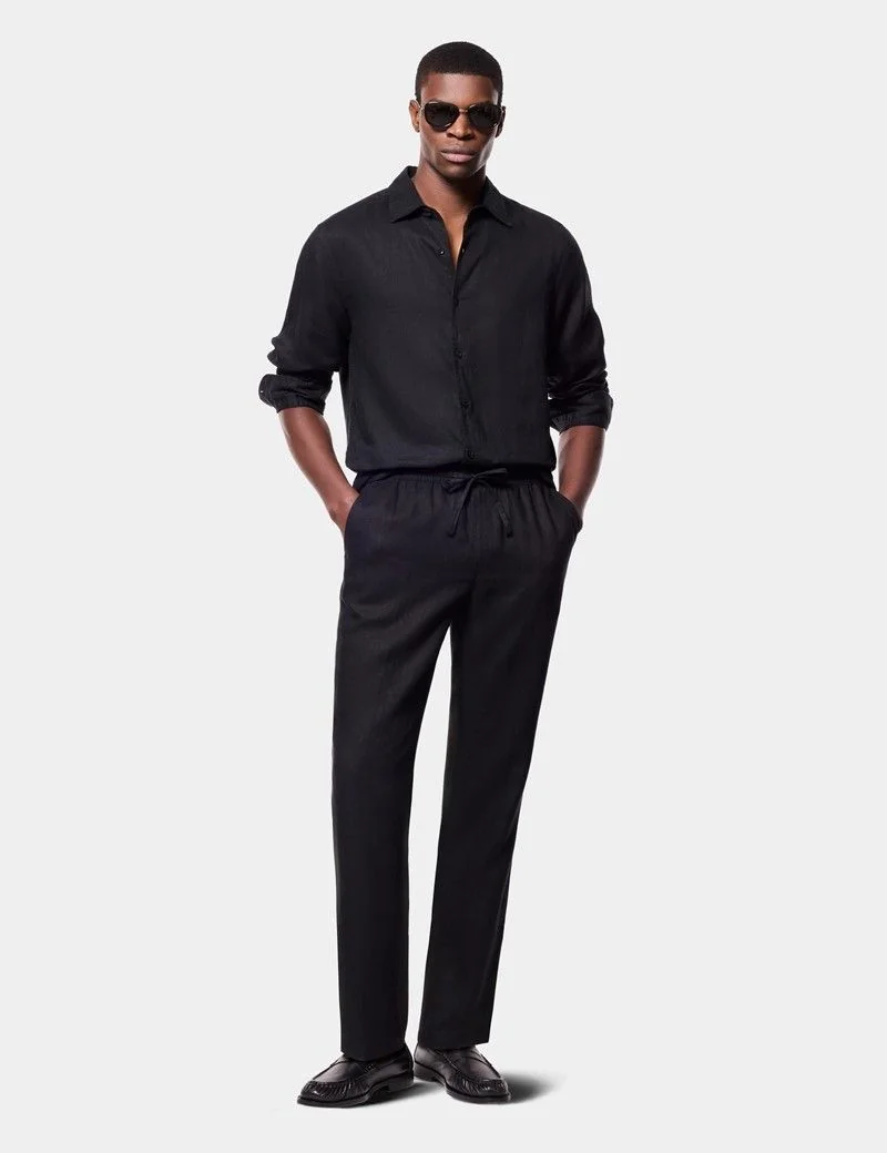 Black Linen Drawstring Trousers - Machine Washable thumbnail 3