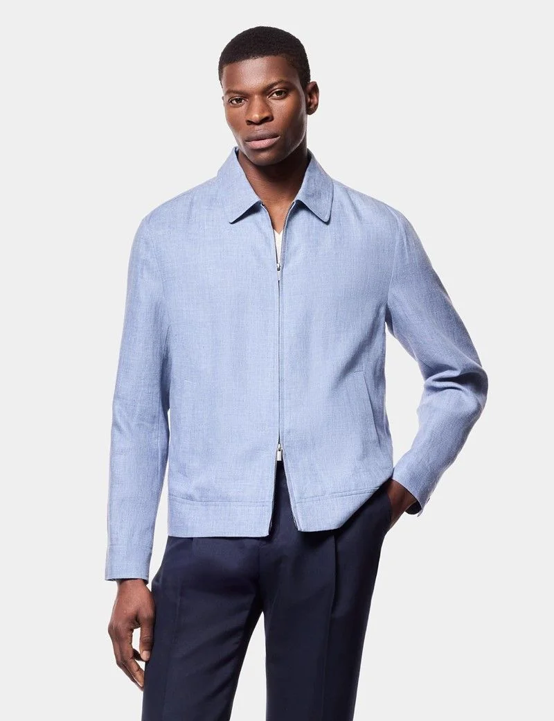Blue Linen Harrington Jacket thumbnail 4