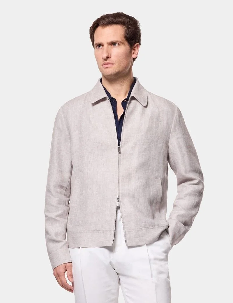 Light Grey Linen Harrington Jacket thumbnail 2