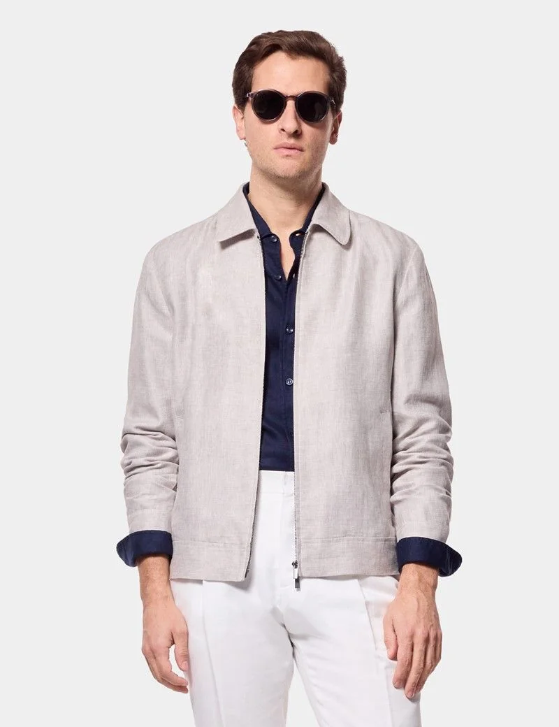 Light Grey Linen Harrington Jacket thumbnail 4