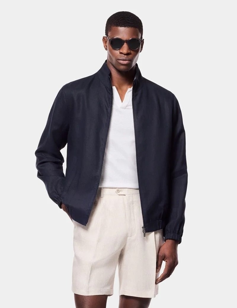 Navy Linen Bomber Jacket thumbnail 2