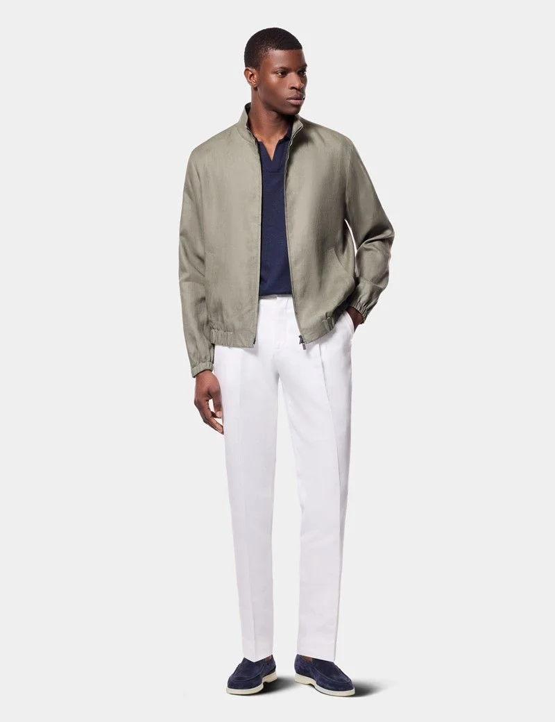 Olive Linen Bomber Jacket thumbnail 3