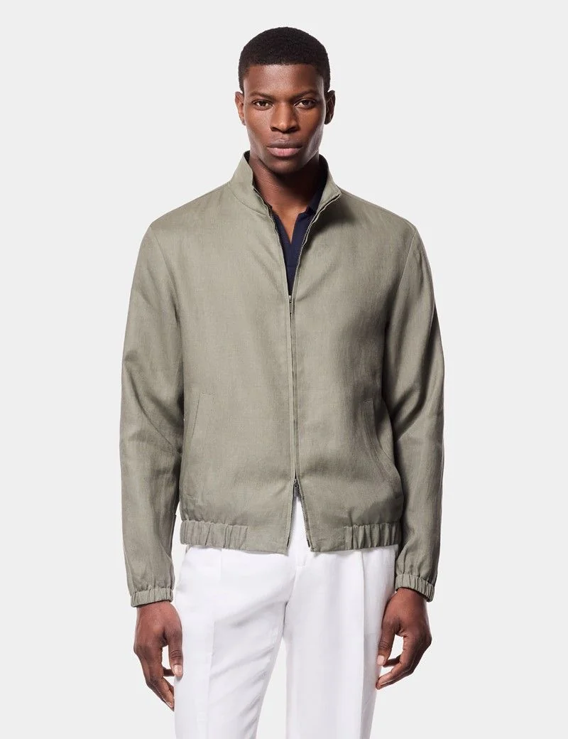 Olive Linen Bomber Jacket thumbnail 4