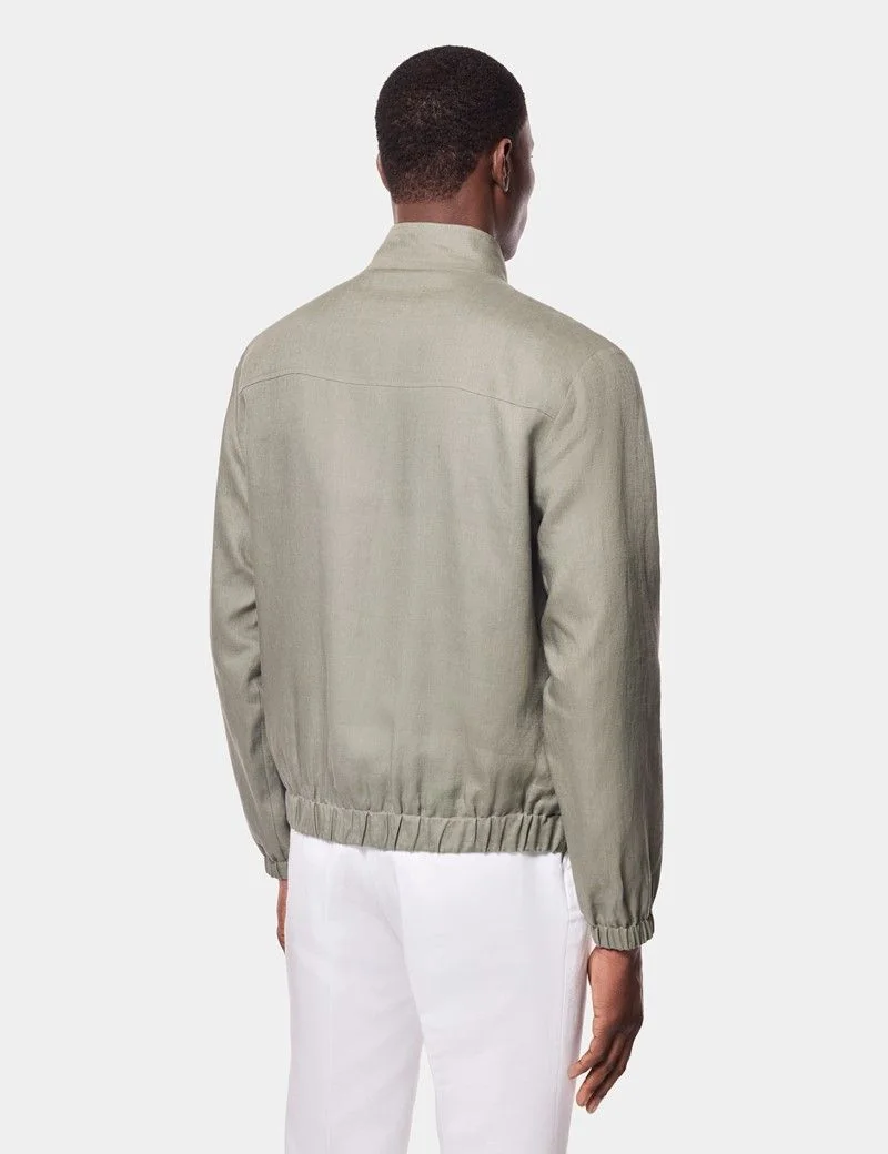 Olive Linen Bomber Jacket thumbnail 7