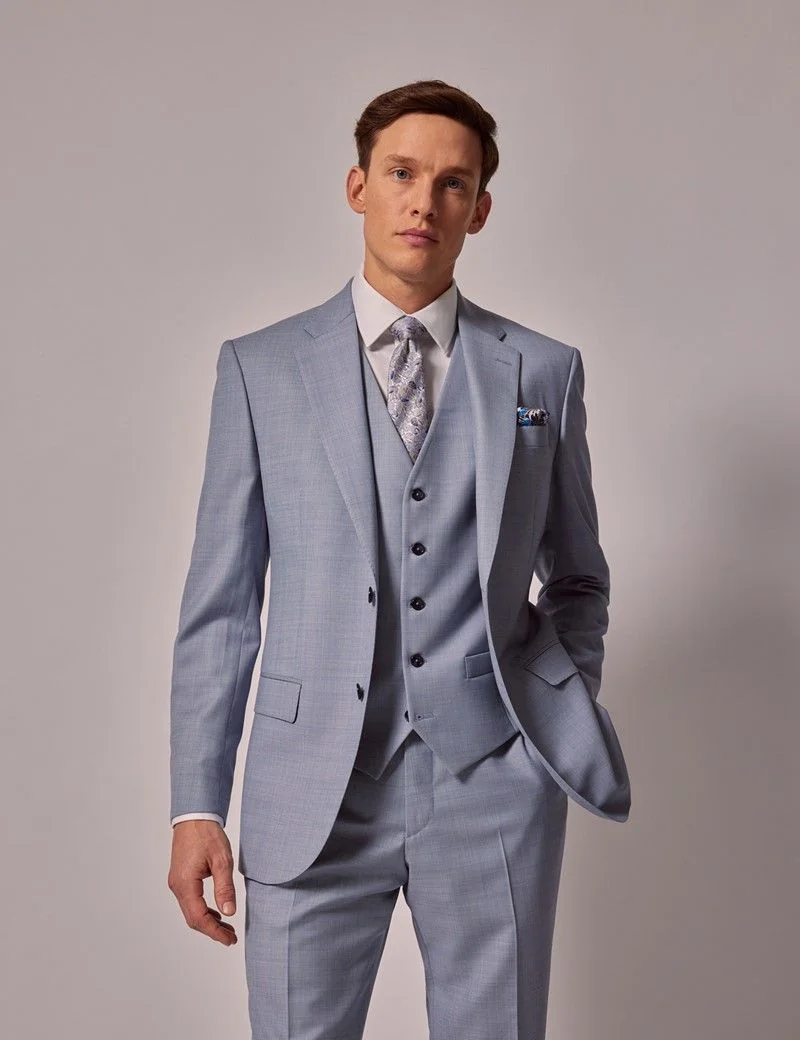 Pale Blue Sharkskin Tailored Italian Waistcoat - 1913 Collection thumbnail 6