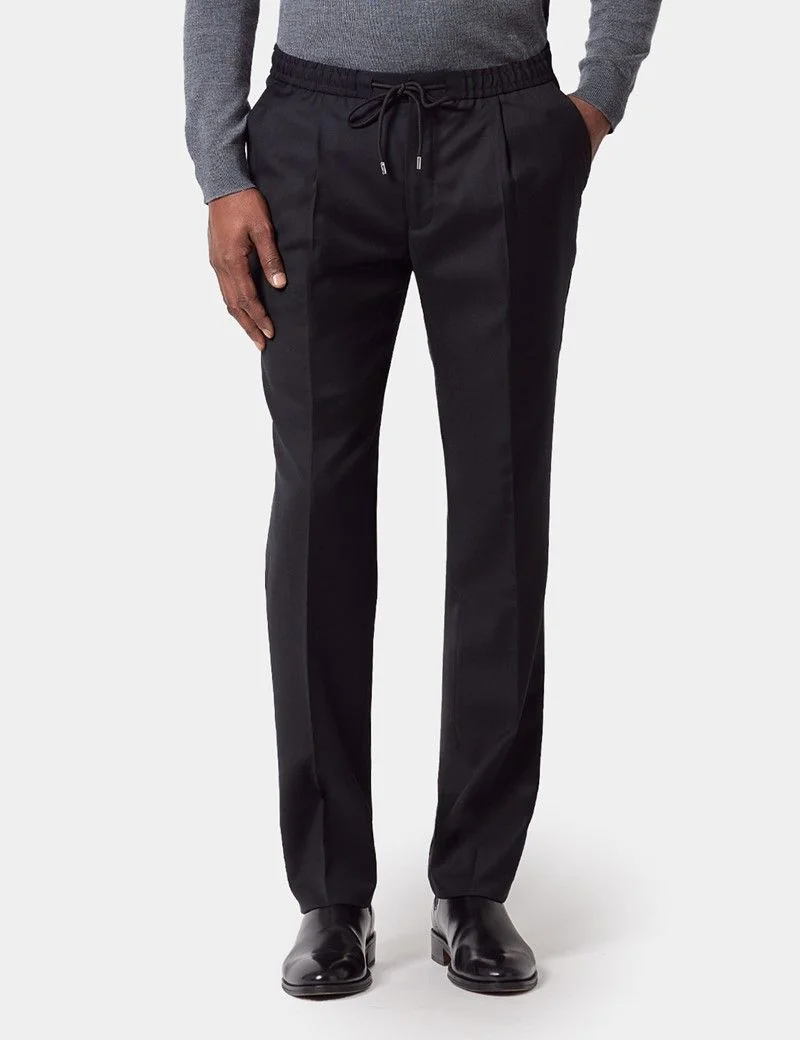 Regular Fit Black Twill Pleated Drawstring Trousers thumbnail 2