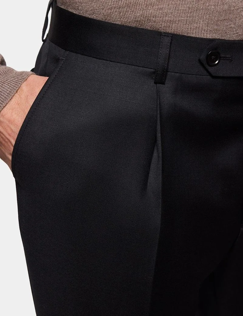 Regular Fit Black Twill Pleated Trousers thumbnail 4