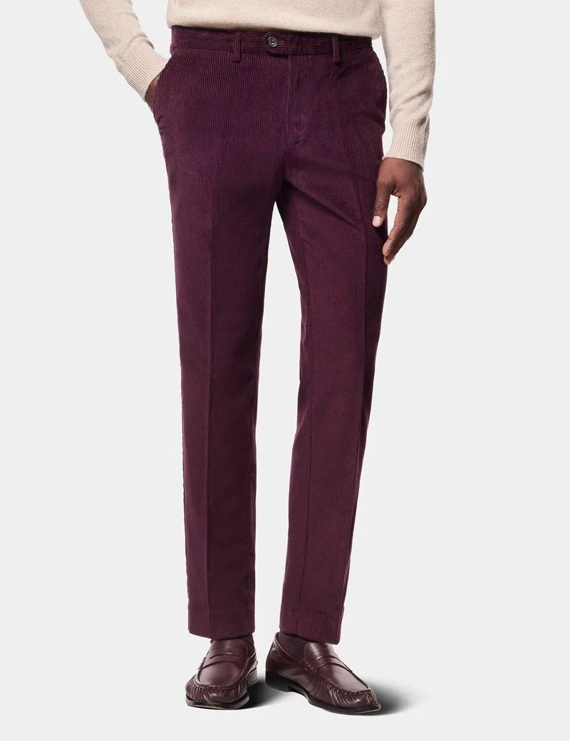 Regular Fit Burgundy Corduroy Trousers thumbnail 2