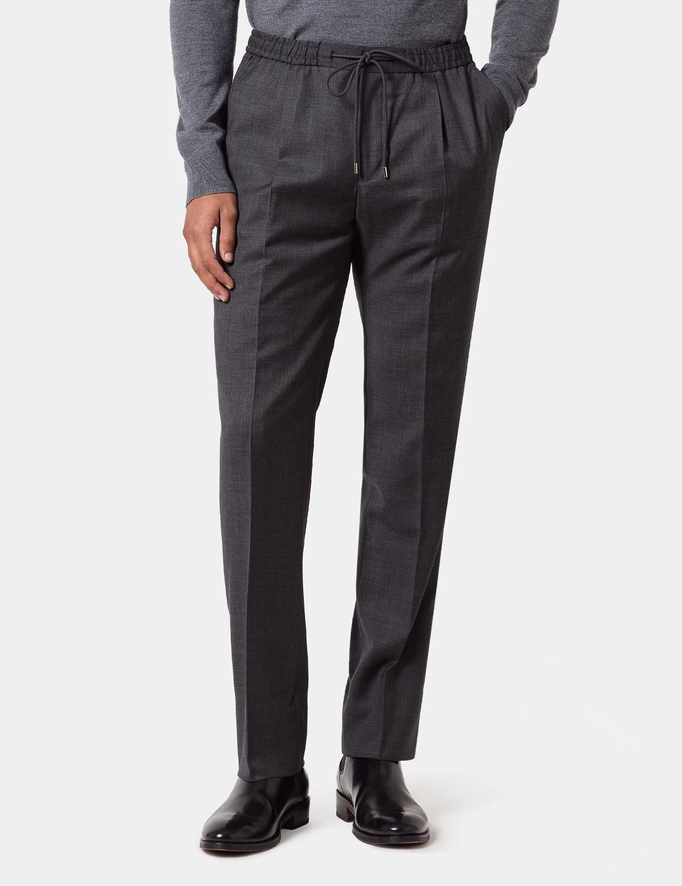 Regular Fit Charcoal Twill Pleated Drawstring Trousers primary image
