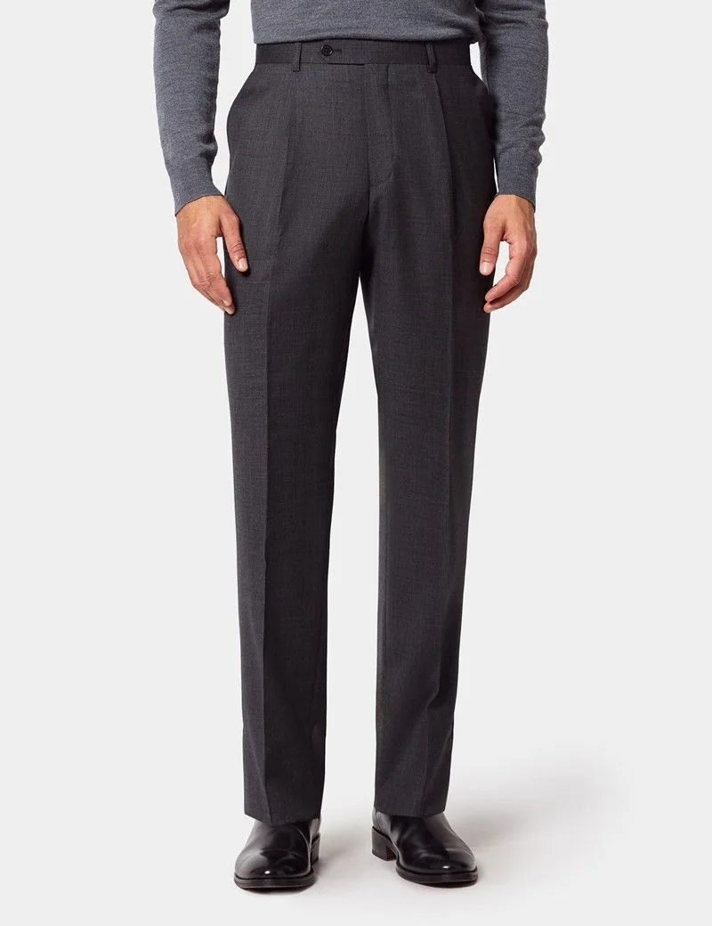 Regular Fit Charcoal Twill Pleated Trousers thumbnail 2