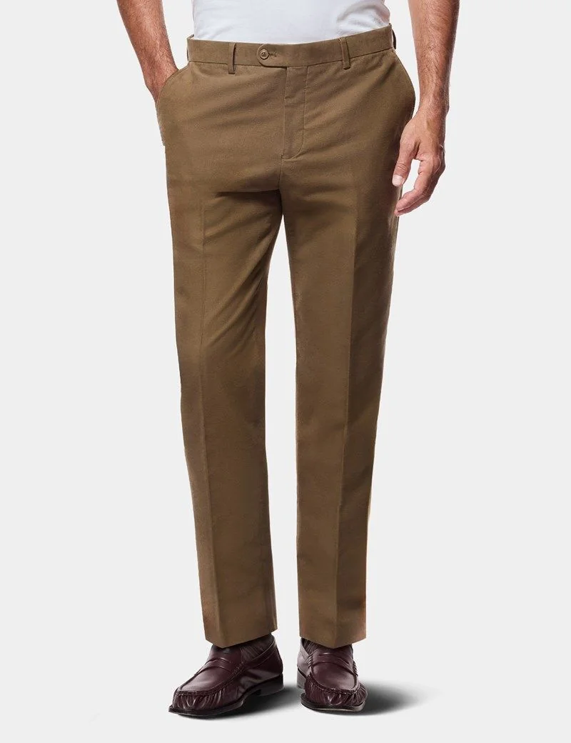 Regular Fit Dark Khaki Moleskin Trousers thumbnail 2