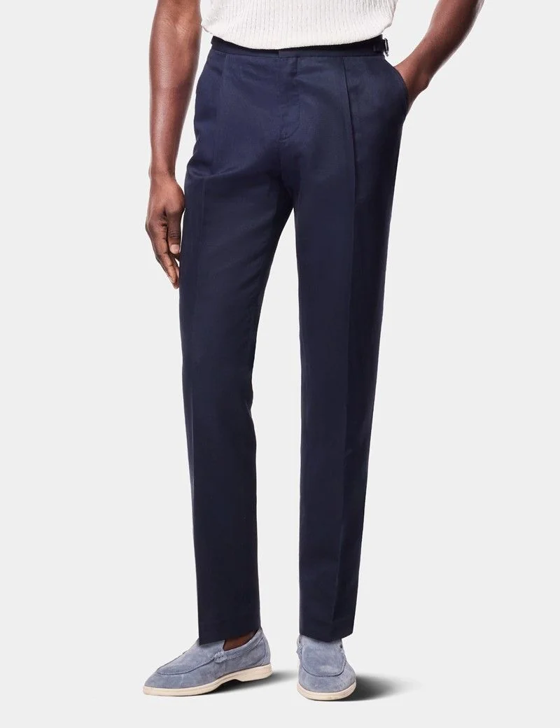 Regular Fit Navy Pleated Trousers With Side Adjusters thumbnail 2