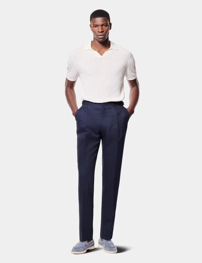 Regular Fit Navy Pleated Trousers With Side Adjusters thumbnail 3