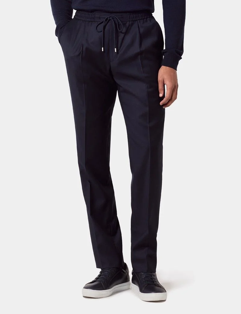 Regular Fit Navy Twill Pleated Drawstring Trousers thumbnail 2