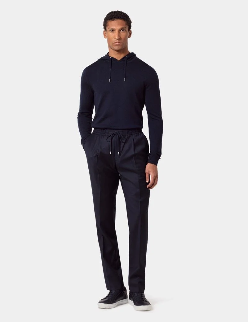 Regular Fit Navy Twill Pleated Drawstring Trousers thumbnail 3