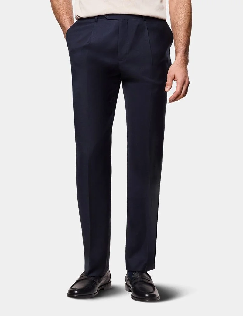 Regular Fit Navy Twill Pleated Trousers thumbnail 2