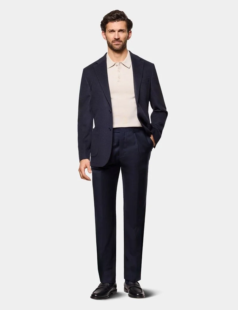 Regular Fit Navy Twill Pleated Trousers thumbnail 3