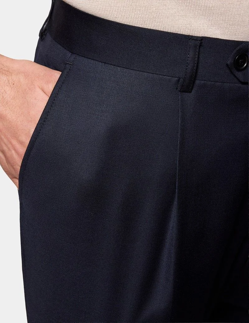 Regular Fit Navy Twill Pleated Trousers thumbnail 4