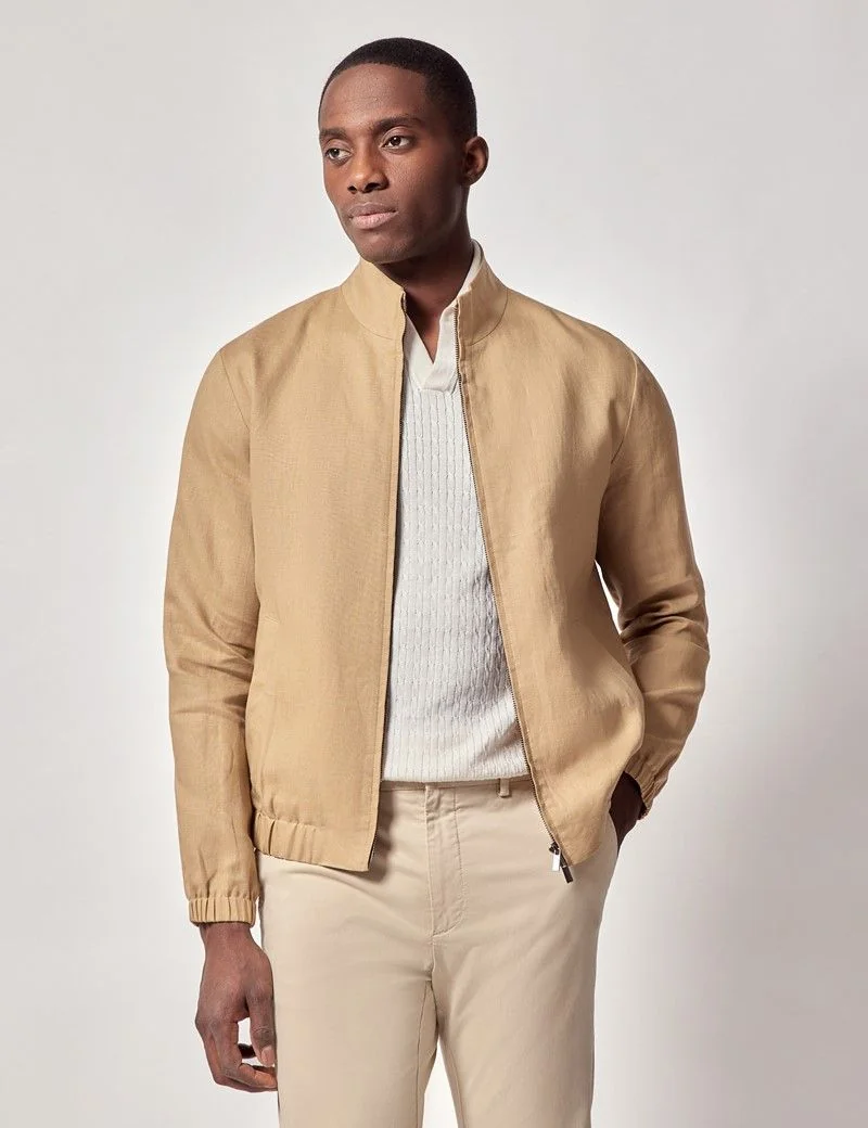 Sand Linen Bomber Jacket thumbnail 2