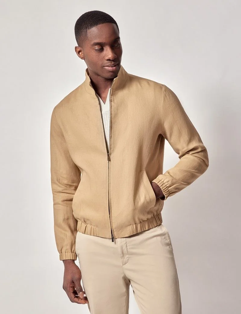 Sand Linen Bomber Jacket thumbnail 4