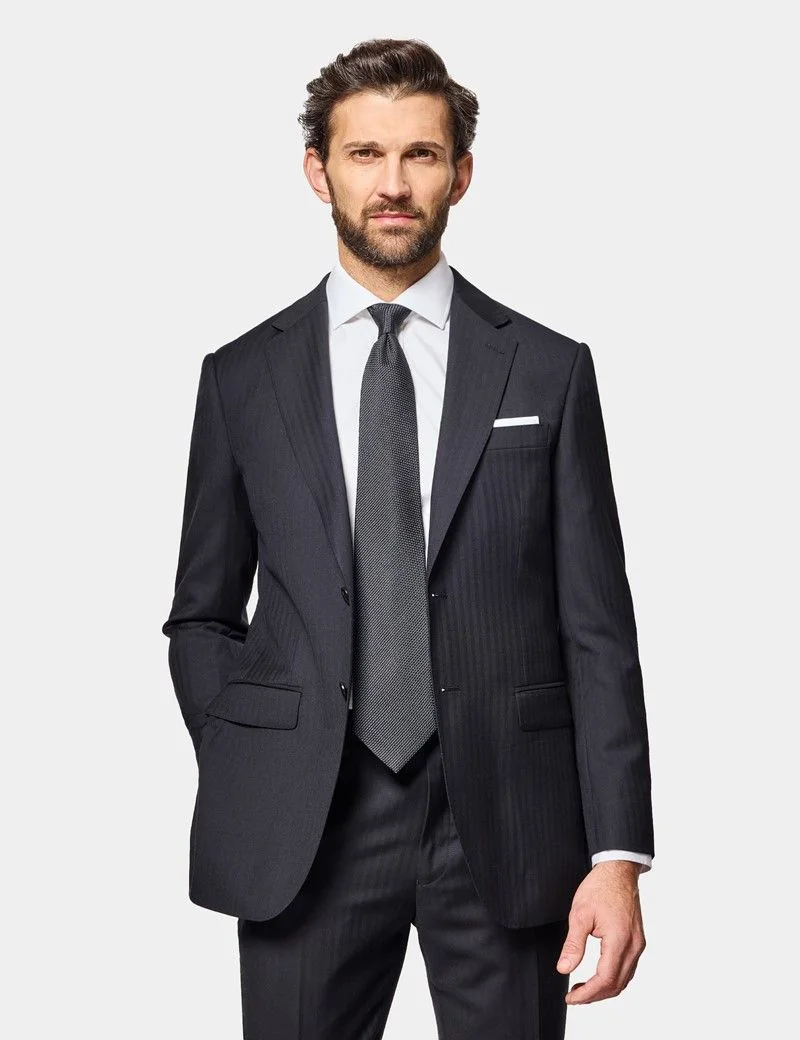 Slim Fit Black Herringbone Suit Jacket thumbnail 2