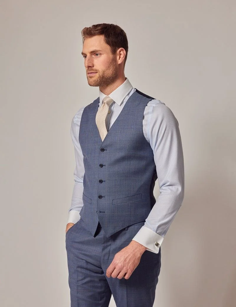 Slim Fit Blue & Brown Tonal Check Waistcoat thumbnail 4