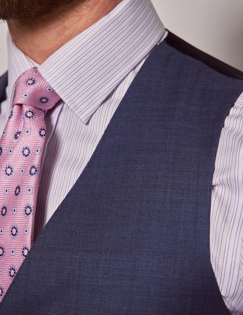 Slim Fit Blue & Brown Windowpane Check Waistcoat thumbnail 3