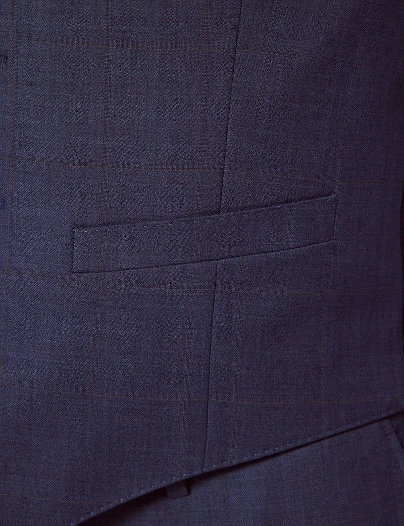 Slim Fit Blue & Brown Windowpane Check Waistcoat thumbnail 4