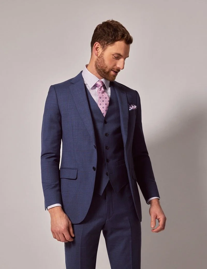Slim Fit Blue & Brown Windowpane Check Waistcoat thumbnail 6