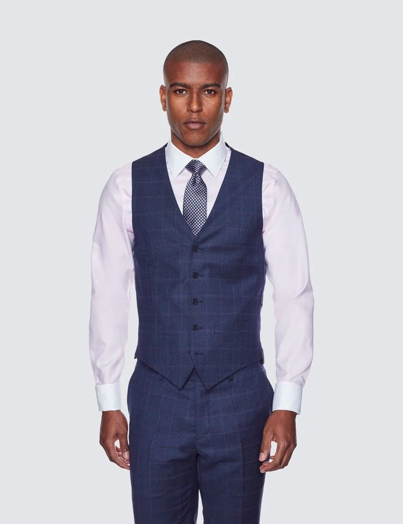 Slim Fit Blue & Purple Windowpane Check Waistcoat thumbnail 2