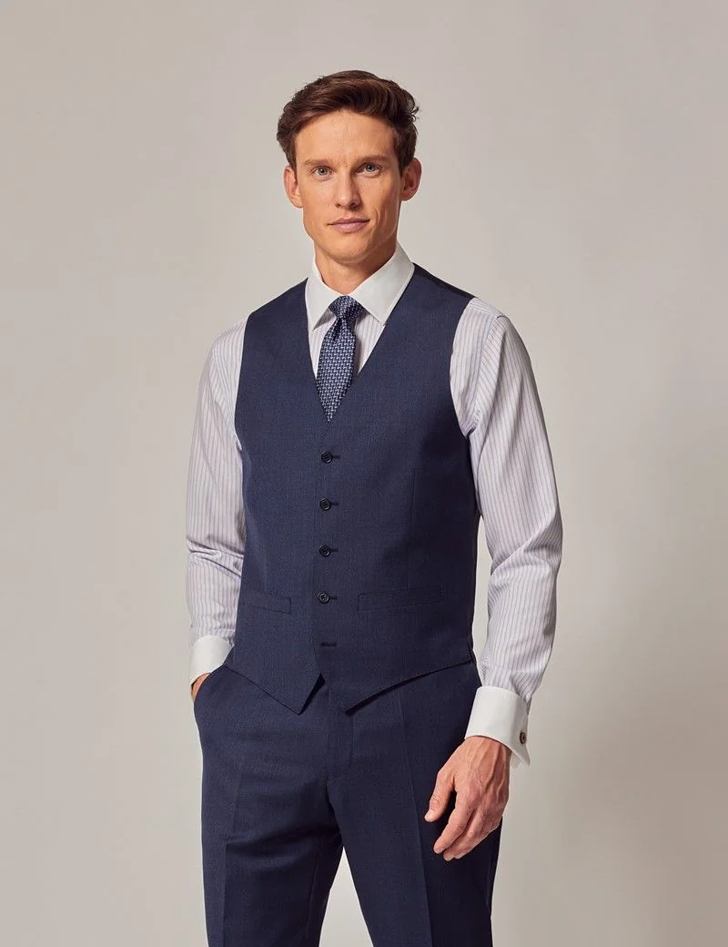 Slim Fit Blue Semi Plain Zigzag Waistcoat thumbnail 2