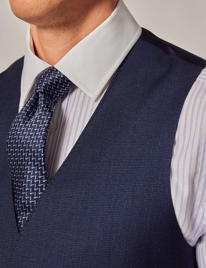 Slim Fit Blue Semi Plain Zigzag Waistcoat thumbnail 3