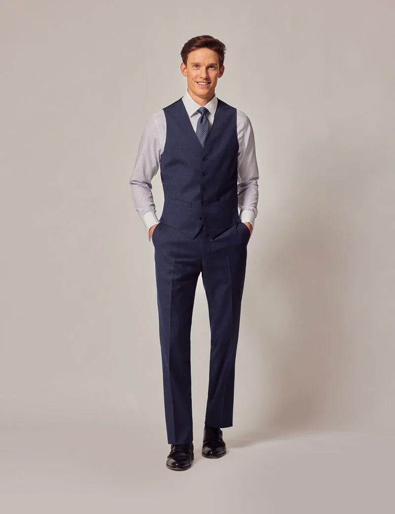 Slim Fit Blue Semi Plain Zigzag Waistcoat thumbnail 6