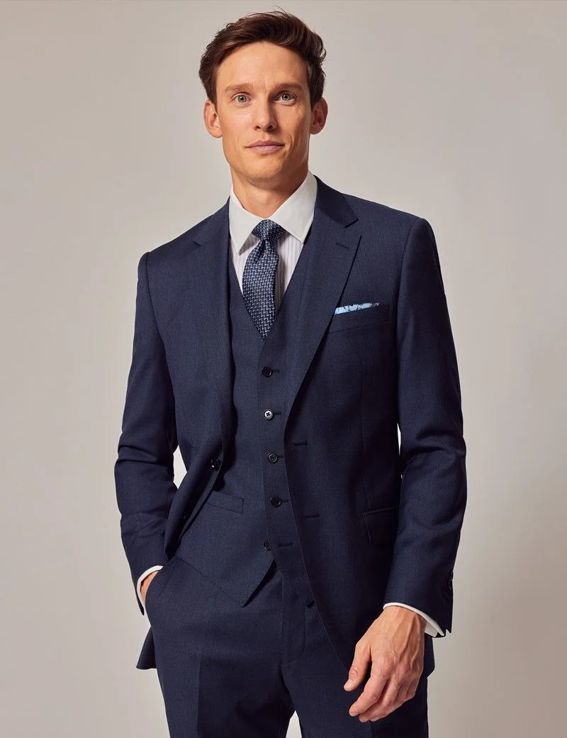 Slim Fit Blue Semi Plain Zigzag Waistcoat thumbnail 7