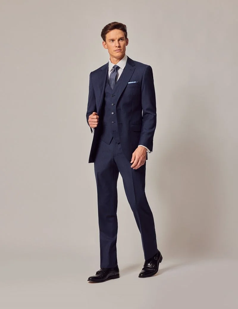 Slim Fit Blue Semi Plain Zigzag Waistcoat thumbnail 8