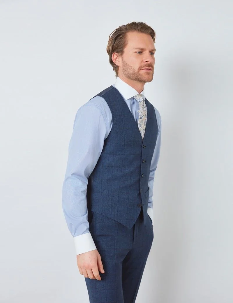 Slim Fit Blue Tonal Check Waistcoat thumbnail 3