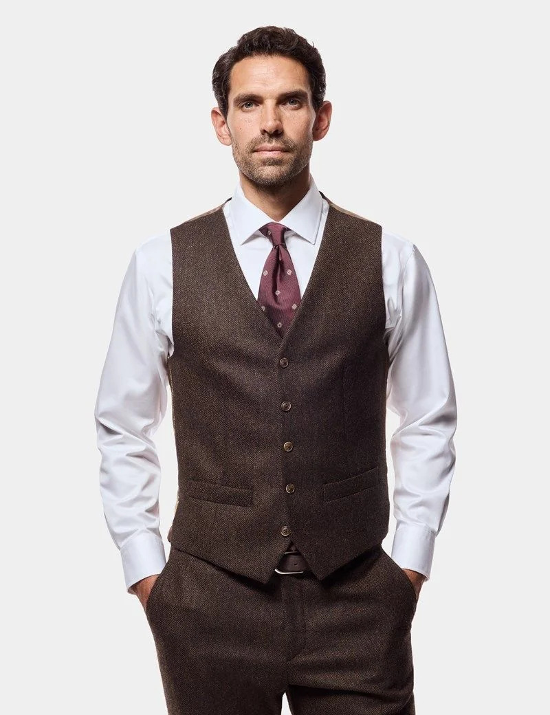 Slim Fit Brown Herringbone 1913 Suit Waistcoat thumbnail 2