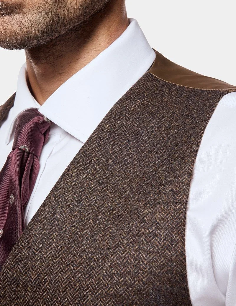 Slim Fit Brown Herringbone 1913 Suit Waistcoat thumbnail 3