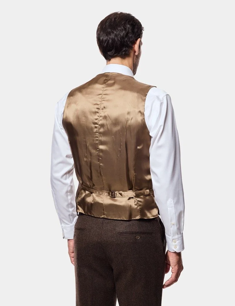 Slim Fit Brown Herringbone 1913 Suit Waistcoat thumbnail 4