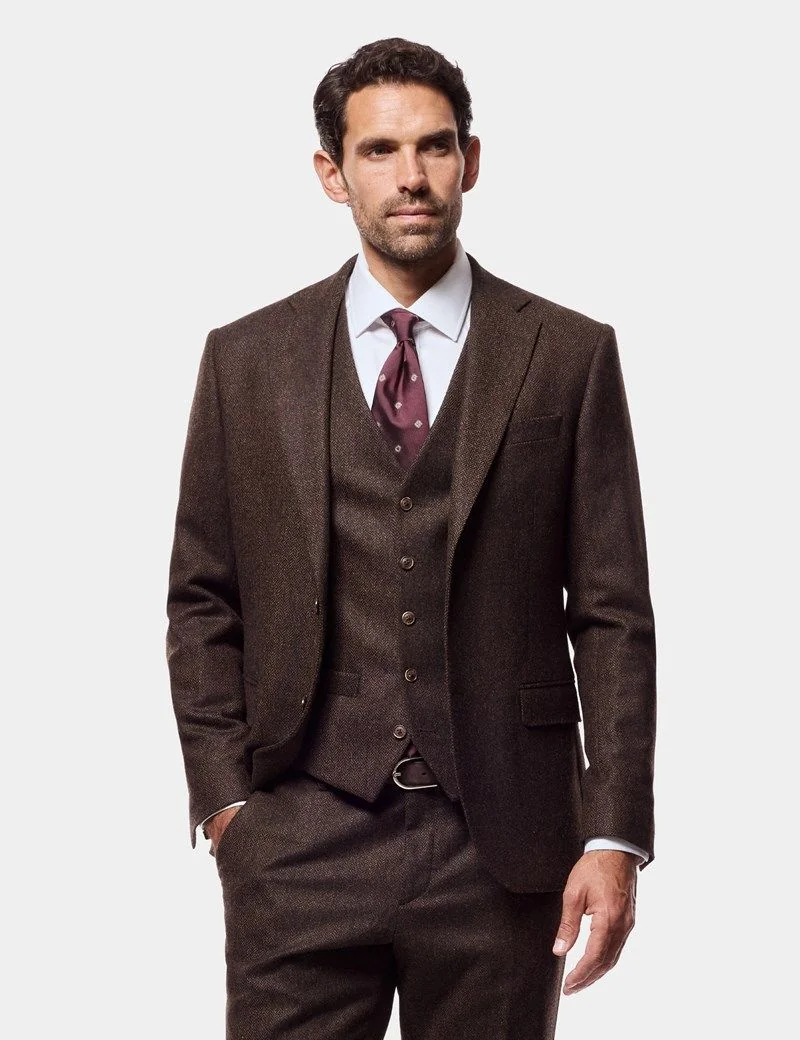 Slim Fit Brown Herringbone 1913 Suit Waistcoat thumbnail 5