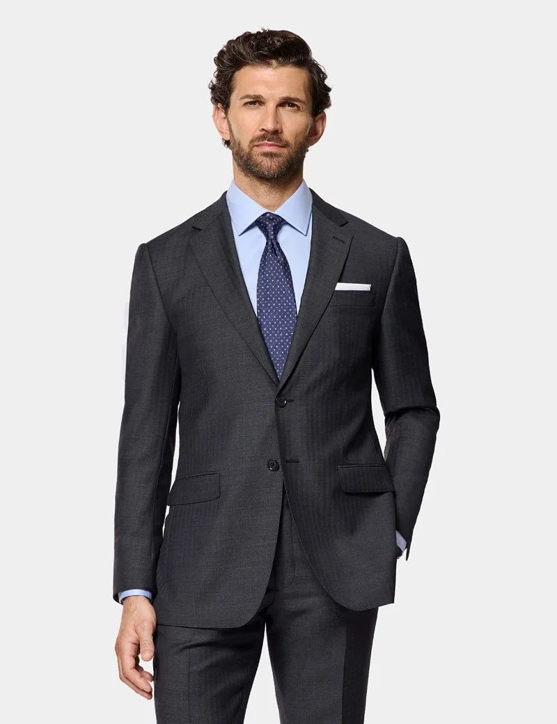 Slim Fit Charcoal Herringbone Suit Jacket thumbnail 2