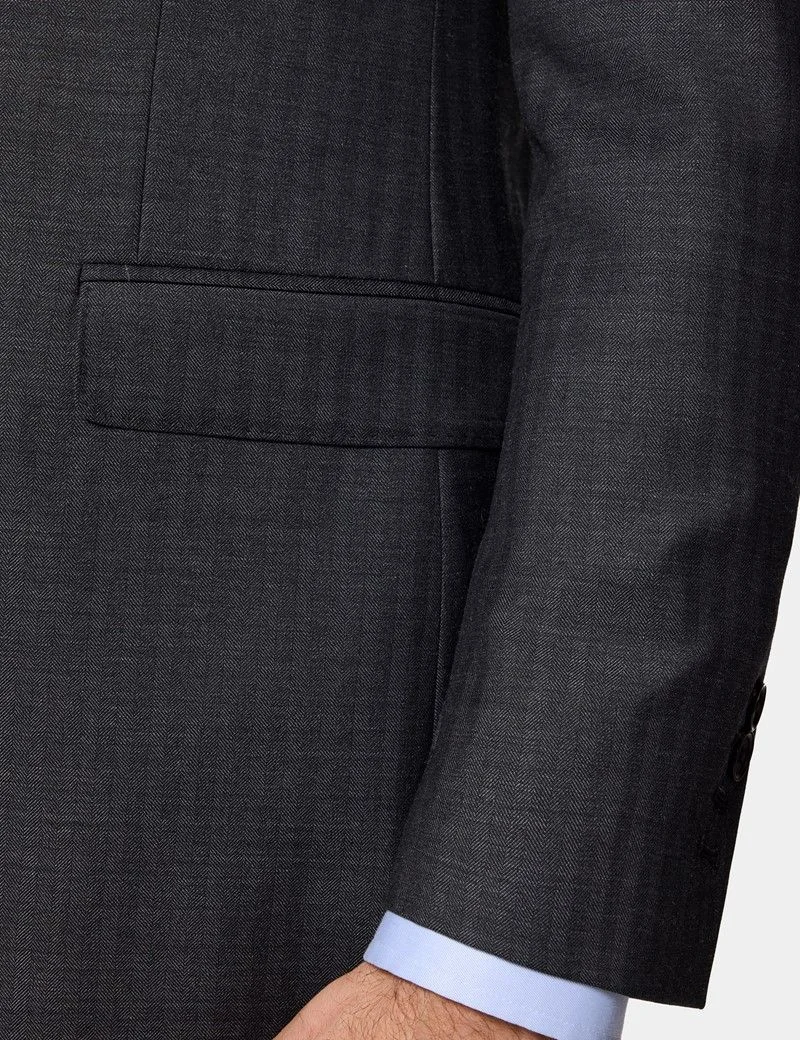 Slim Fit Charcoal Herringbone Suit Jacket thumbnail 4