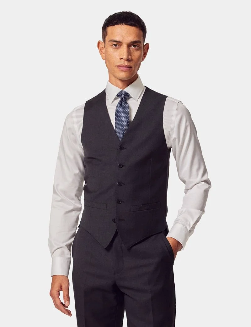 Slim Fit Dark Charcoal Twill Waistcoat thumbnail 2