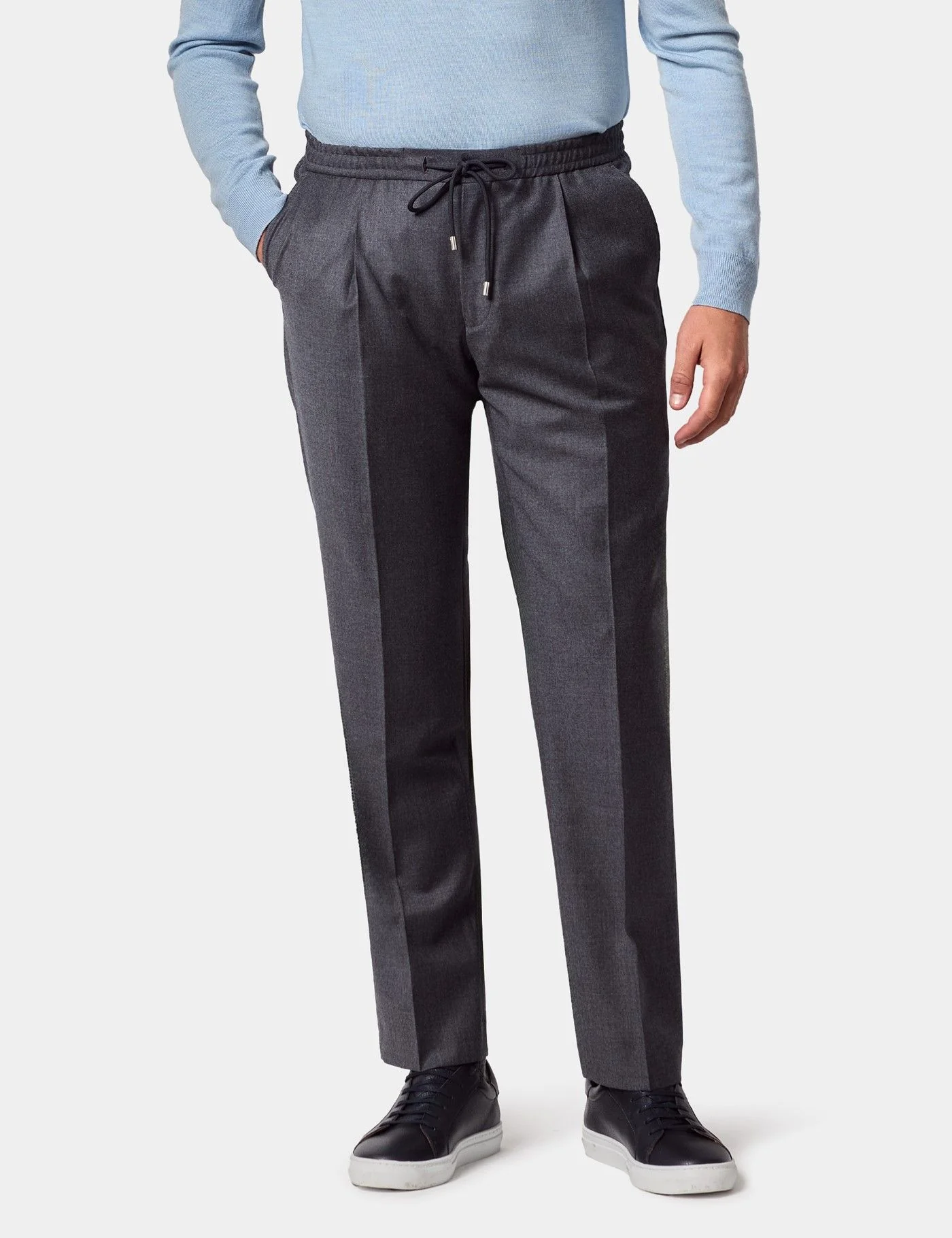 Slim Fit Dark Grey Pleated Drawstring Trousers primary image