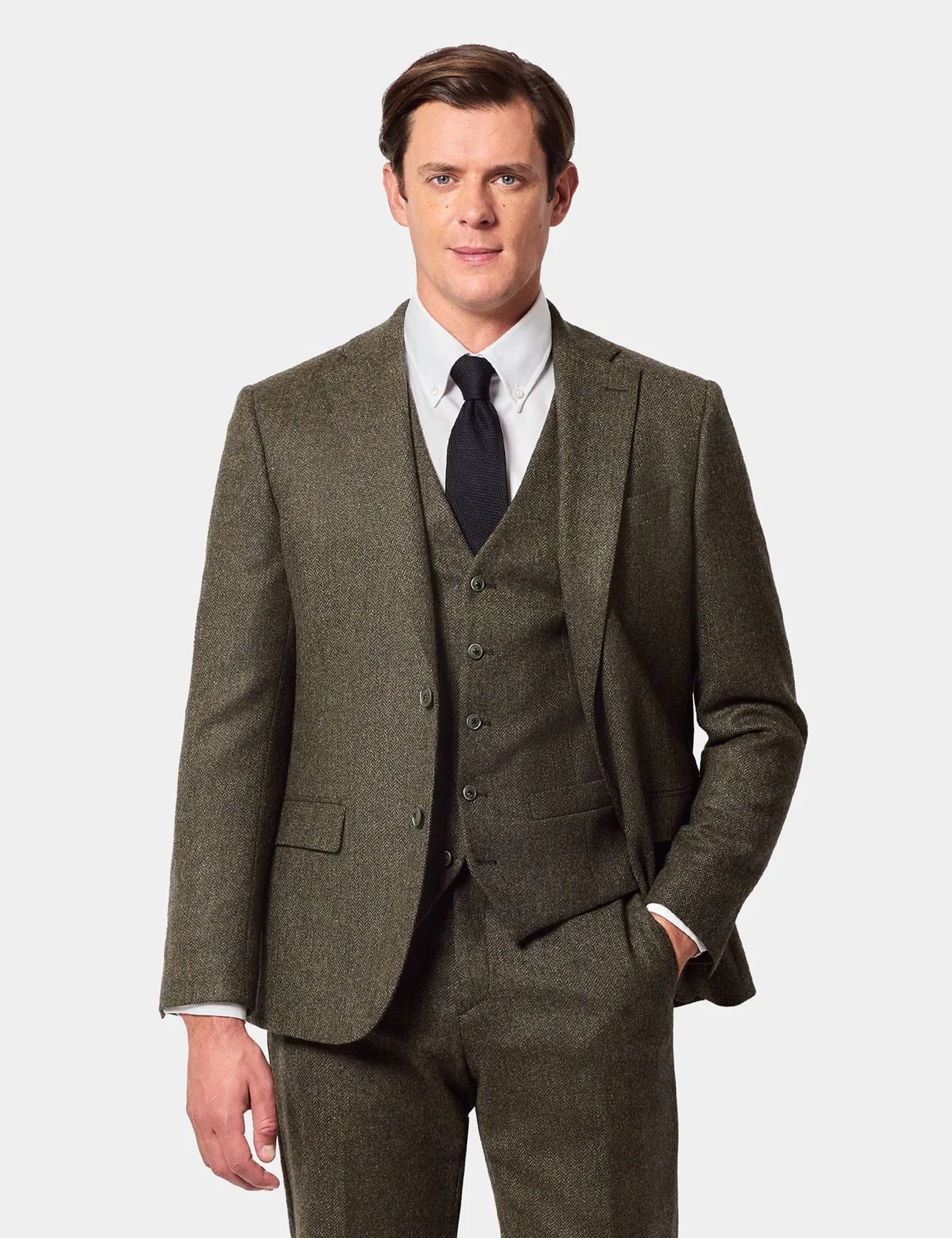 Slim Fit Green Herringbone 1913 Suit Waistcoat primary image