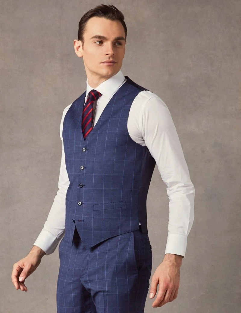 Slim Fit Mid Blue End on End Check Waistcoat thumbnail 2