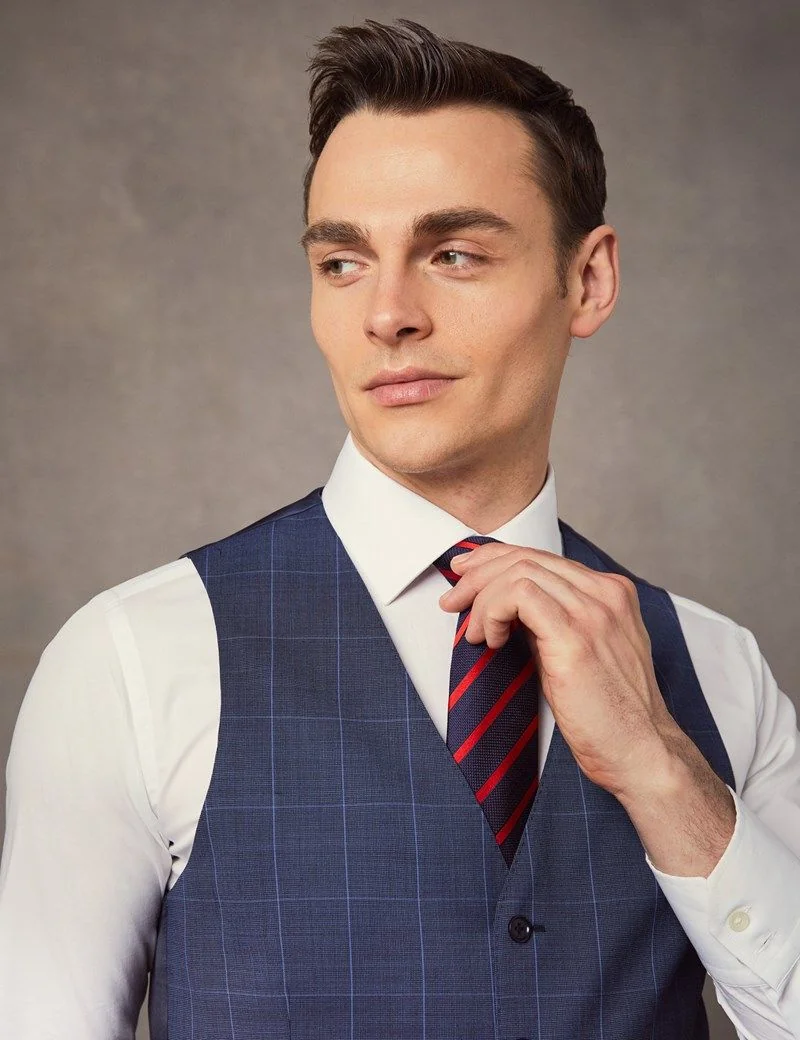 Slim Fit Mid Blue End on End Check Waistcoat thumbnail 3
