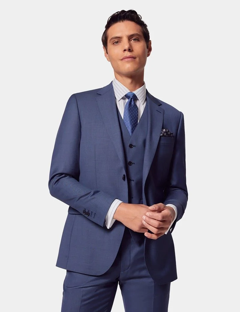 Slim Fit Mid Blue Sharkskin Waistcoat thumbnail 4