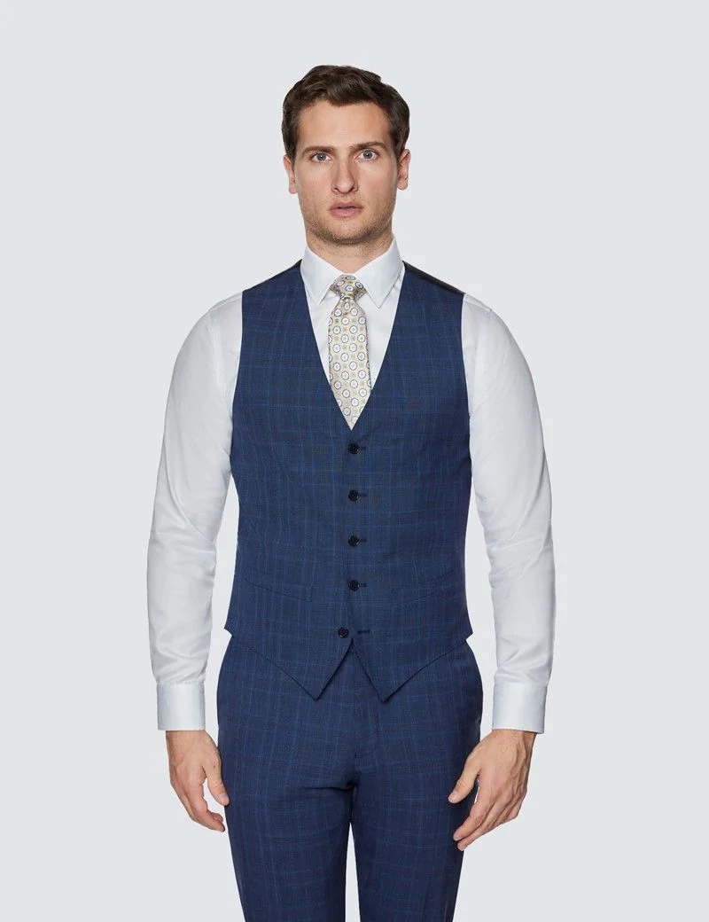 Slim Fit Navy Prince of Wales Tonal Check Waistcoat thumbnail 2