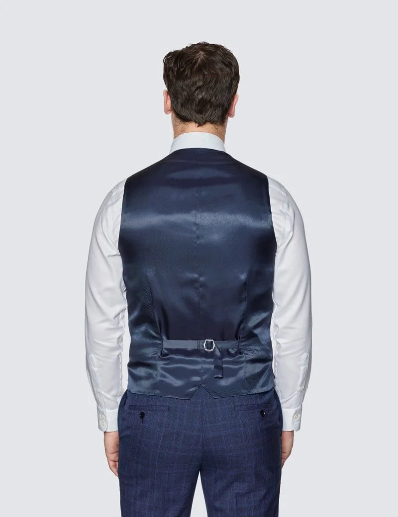 Slim Fit Navy Prince of Wales Tonal Check Waistcoat thumbnail 3